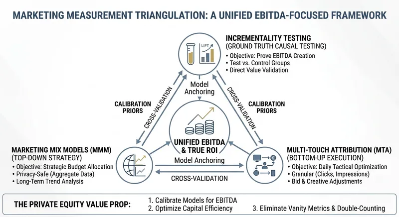 Marketing measurement framework linking incrementality experiments, MMM, and EBITDA.